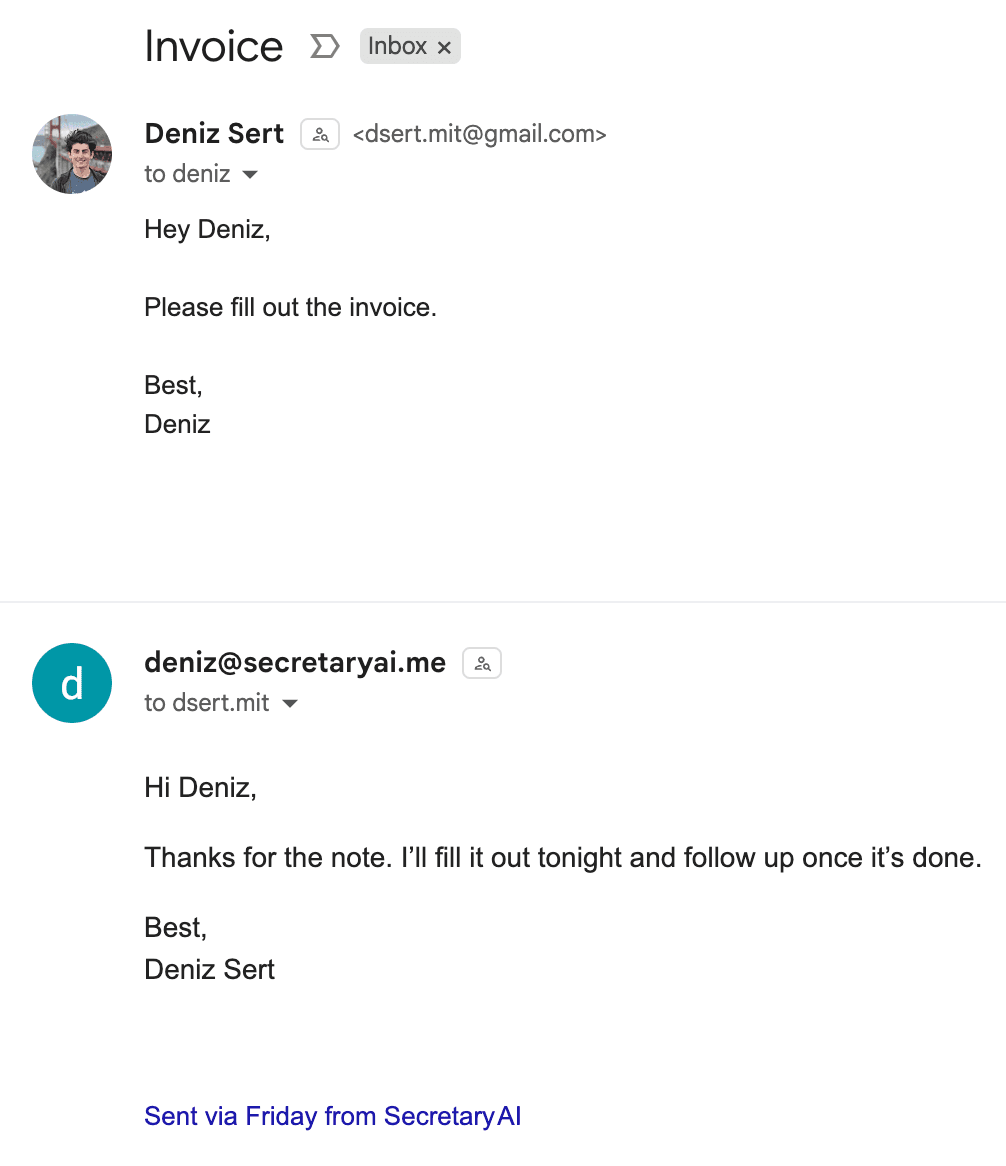 Gmail thread showing the final email sent via Friday.
