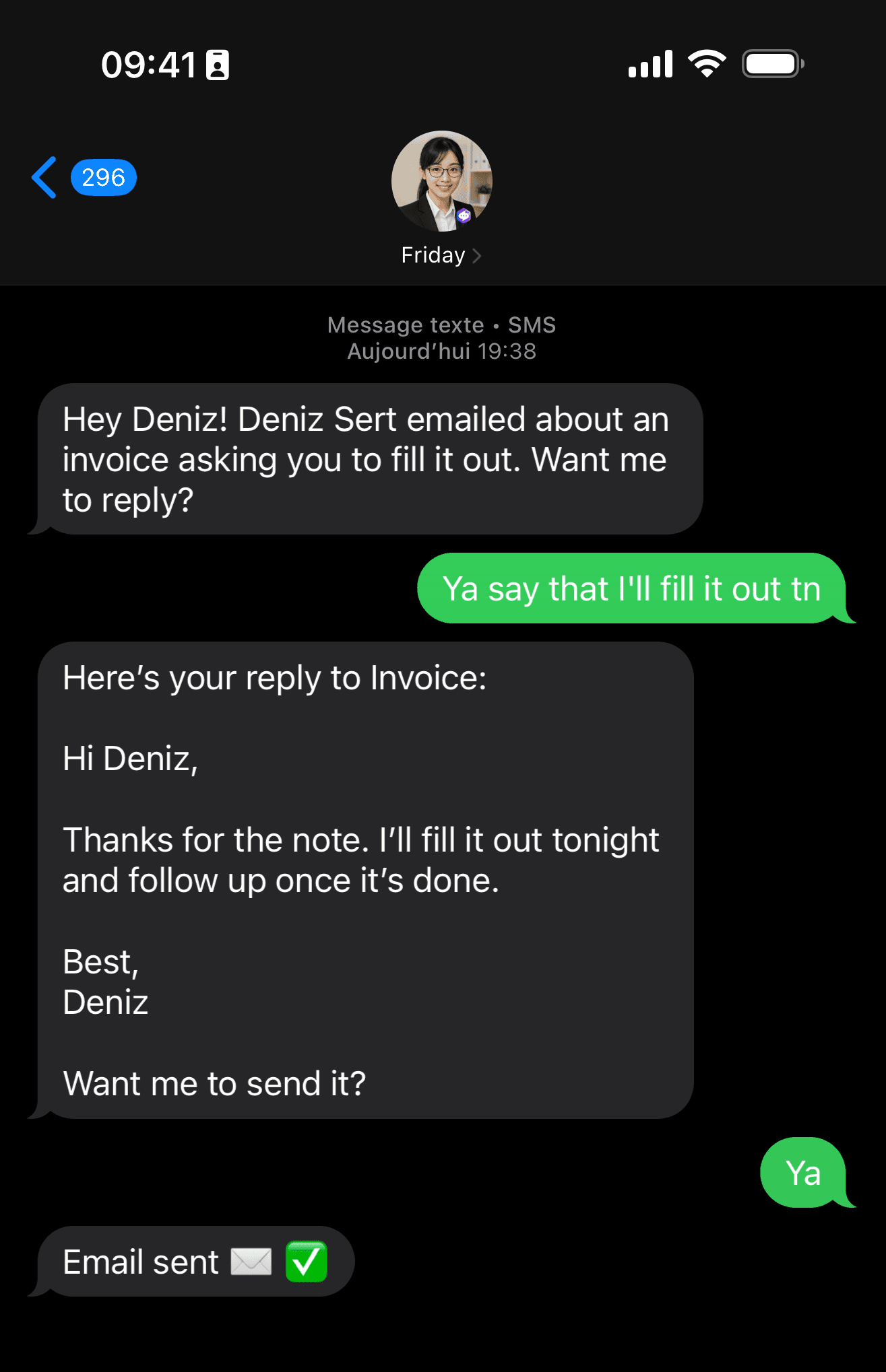 iMessage conversation with Friday drafting a reply and sending it.