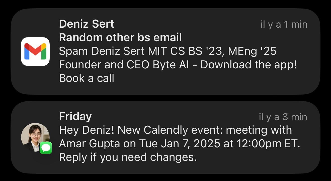 Lock‑screen previews showing a Gmail email and a Friday text about a new Calendly event.